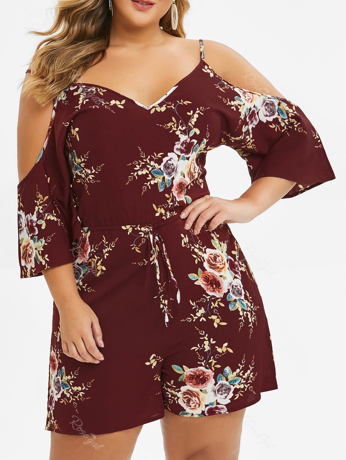 

Plus Size Floral Cold Shoulder Romper, Red wine