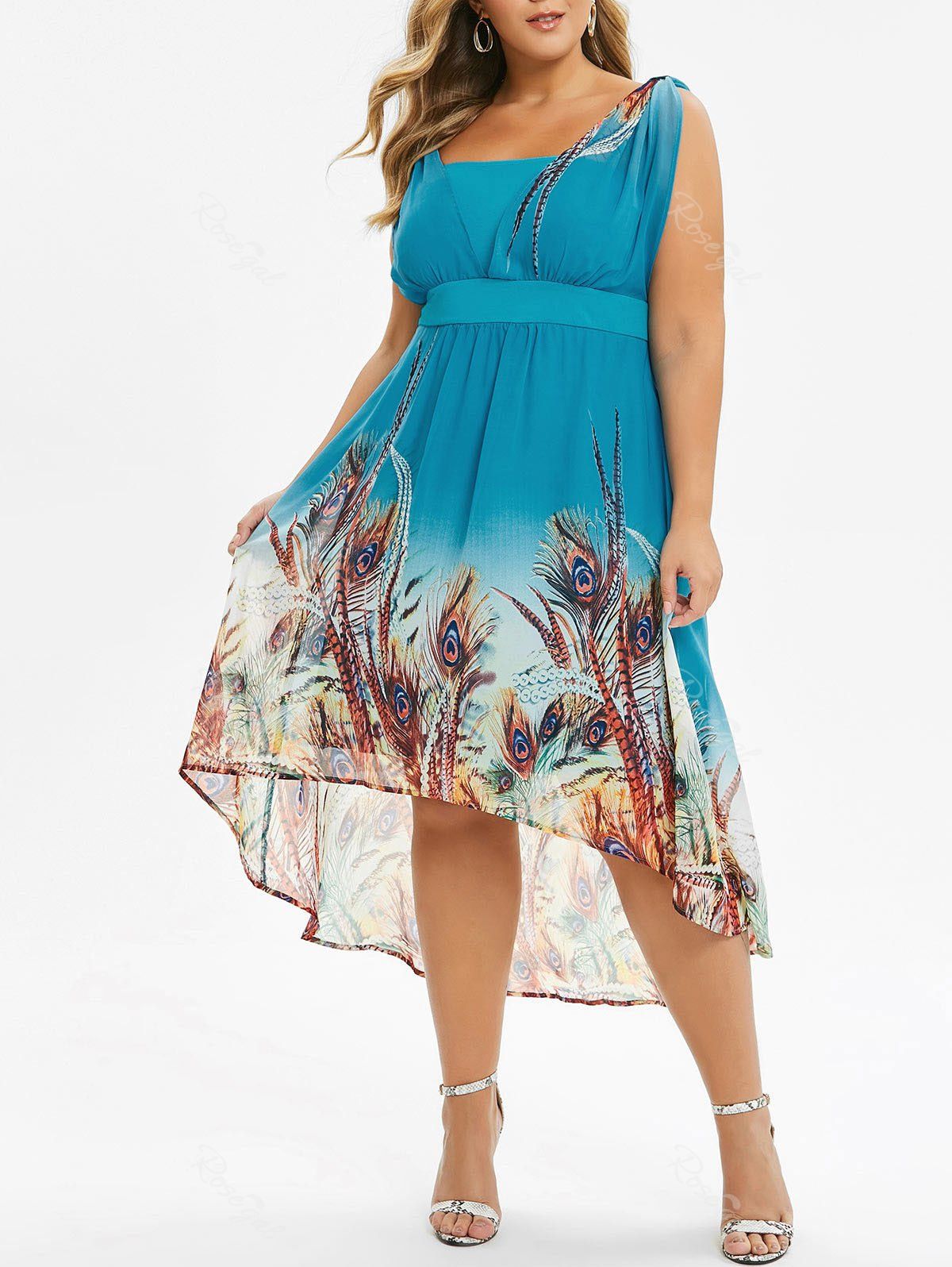 

Plus Size High Low Printed Sleeveless Dress, Macaw blue green