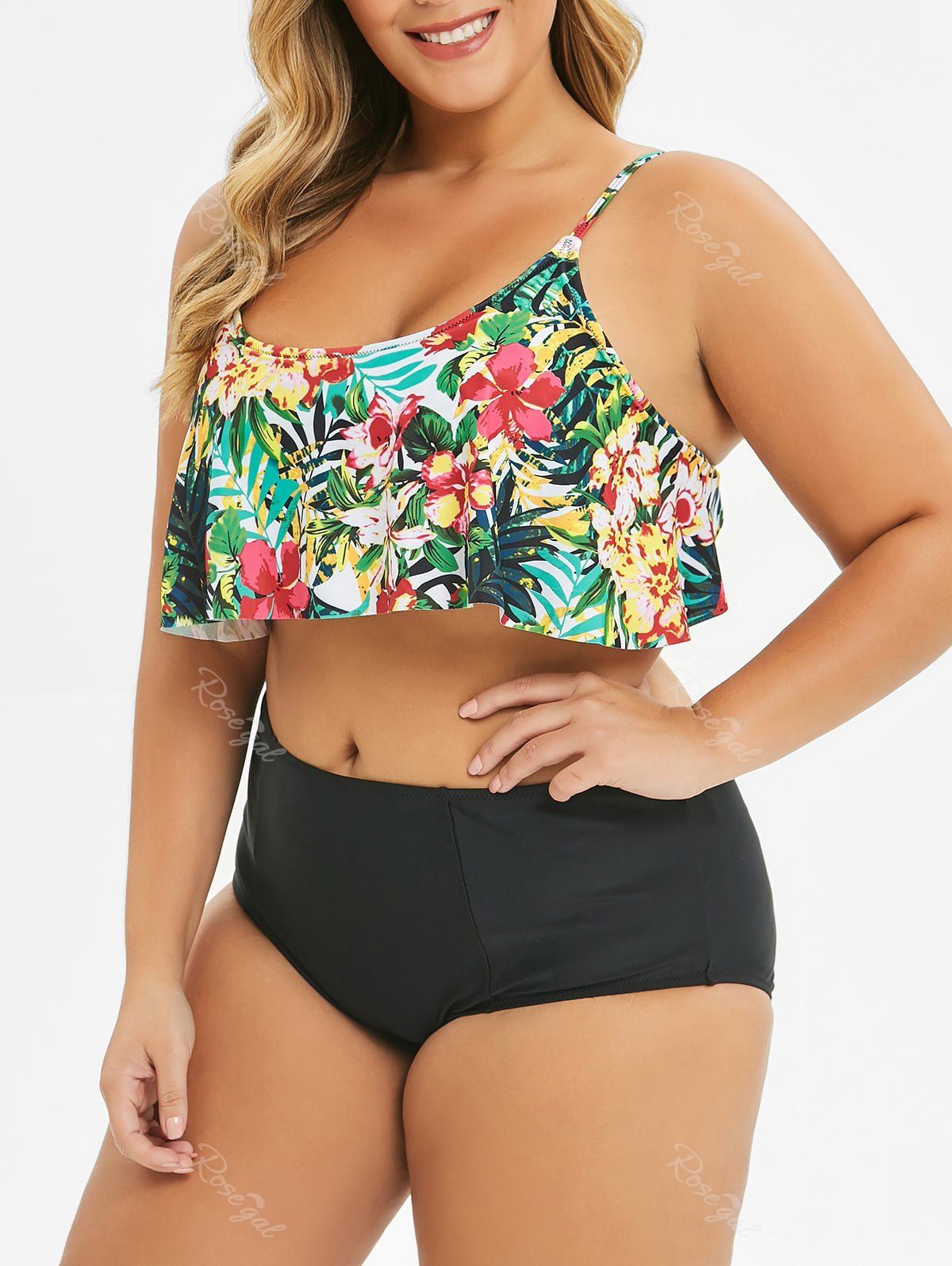 

Plus Size Palm Print Overlay Bikini Swimwear, Multi-a
