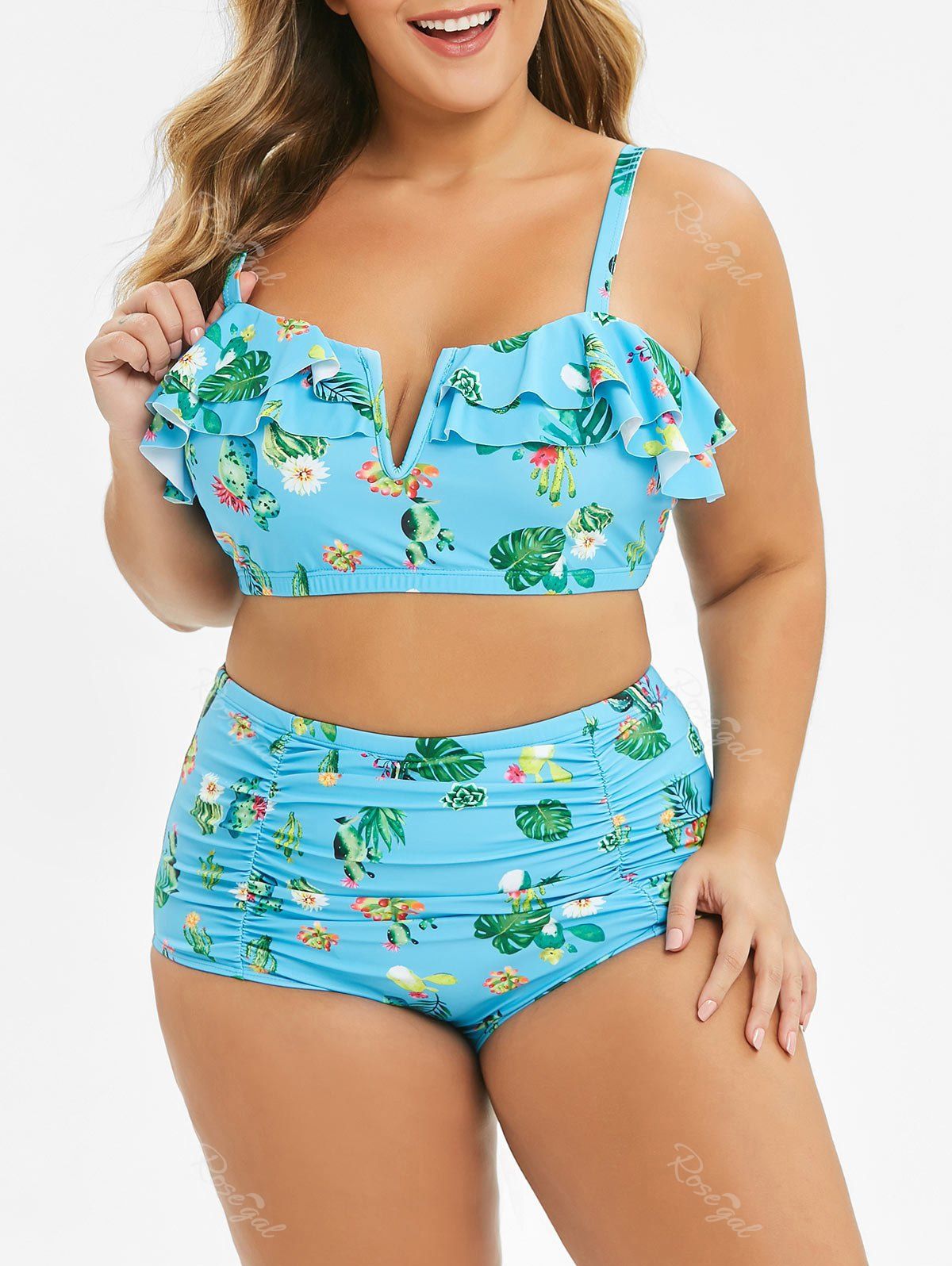 

Plus Size Ruched Tropical Print Bikini Swimsuit, Celeste