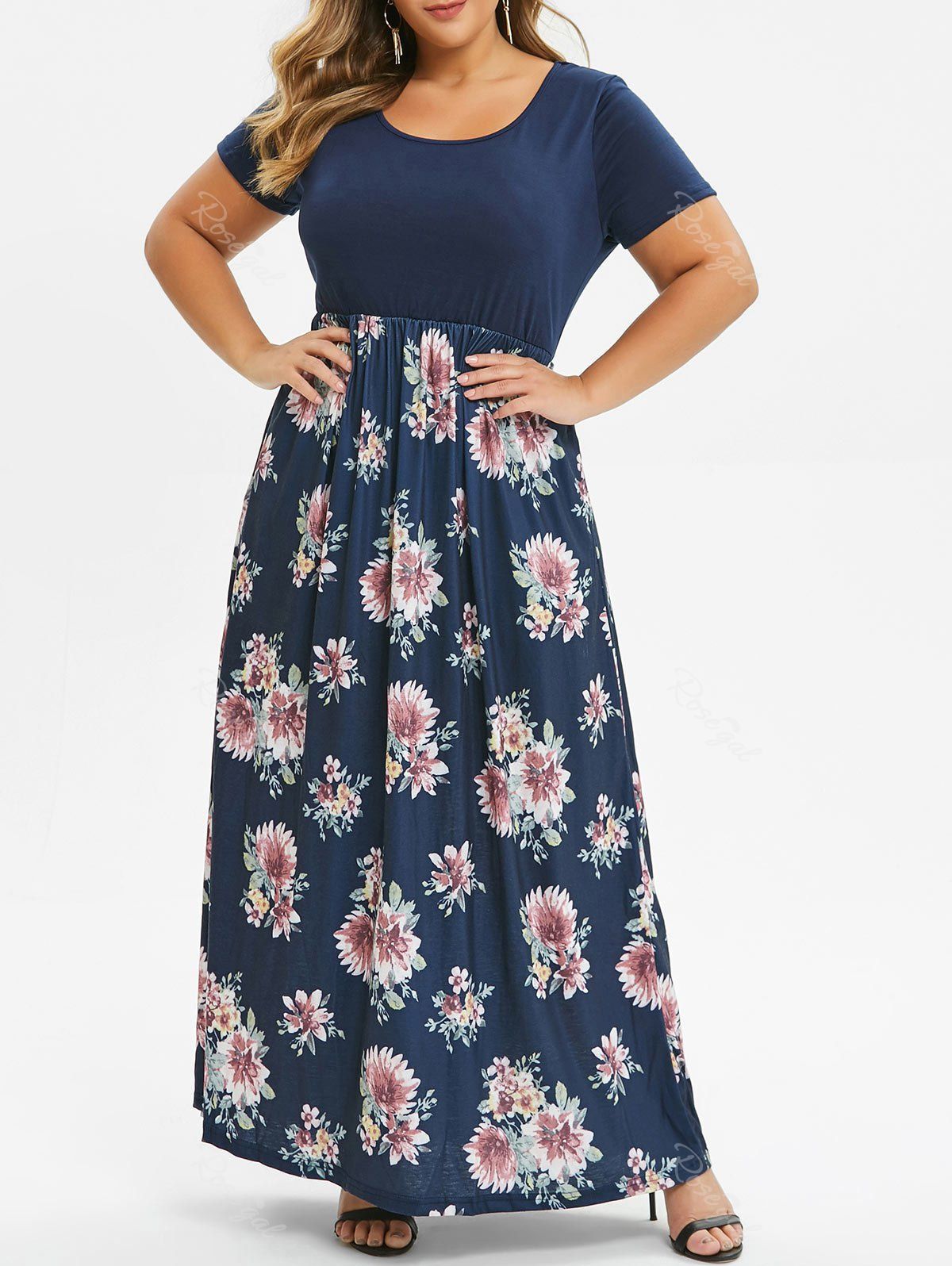 

Contrast Pockets Maxi Floral Plus Size Dress, Blue