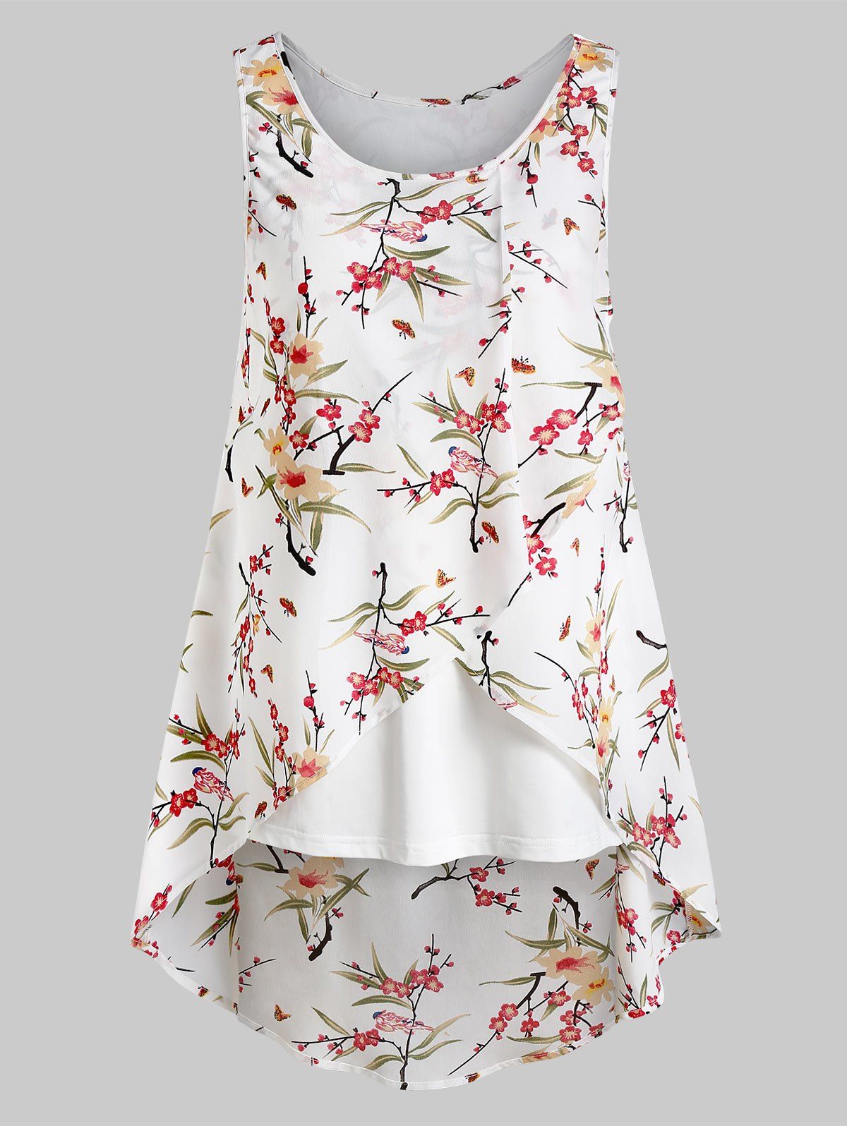 

Floral Print High Low Overlay Tank Top, White