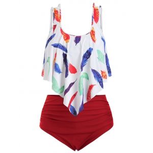 

Plus Size Overlay Feather Print Tankini Swimwear, Multi b
