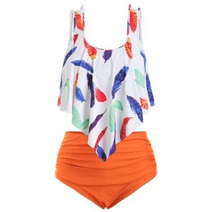 

Plus Size Overlay Feather Print Tankini Swimwear, Multi c