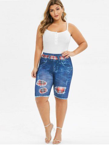 

Printed Skinny Plaid Panel Plus Size Shorts, Blue