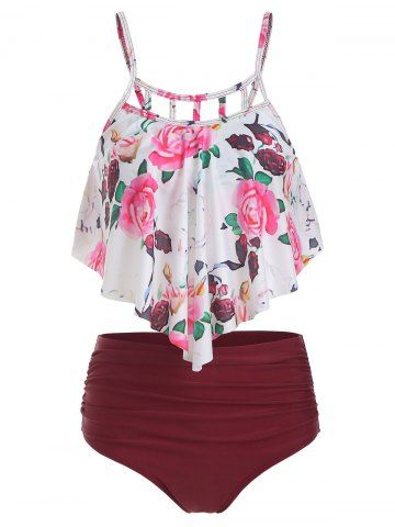 Floral Print Cut Out Overlay Tankini Set