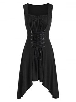 Plus Size Asymmetrical Lace Up Midi Dress - BLACK - 2X