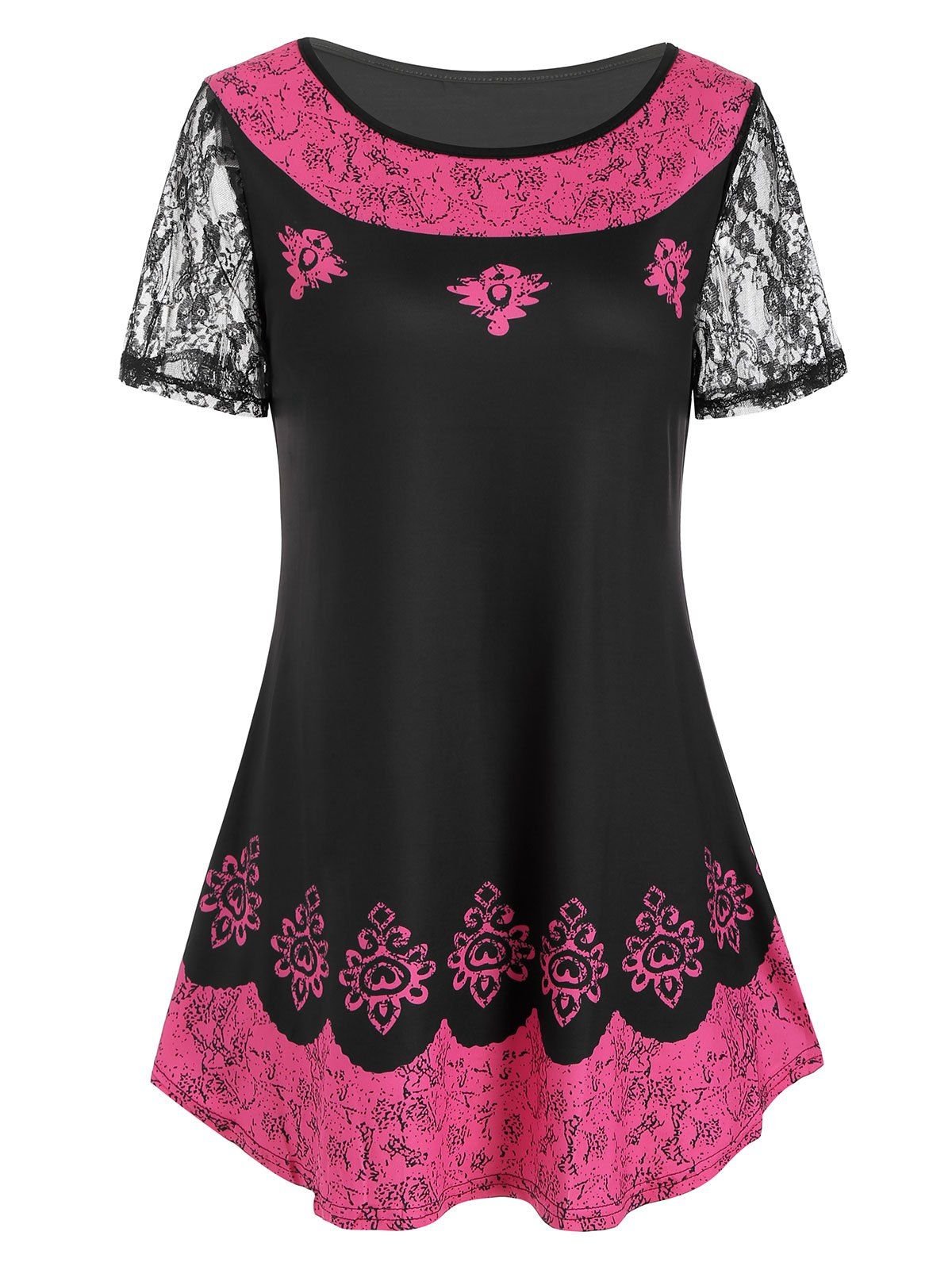 

Printed Lace Sleeves Longline T-shirt, Violet red