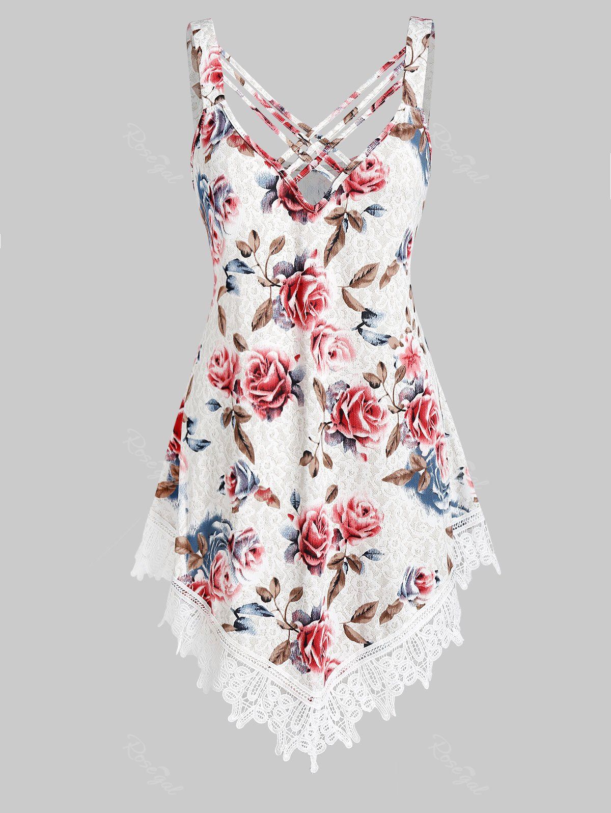 

Plus Size Lace Insert Criss Cross Tunic Tank Top, White