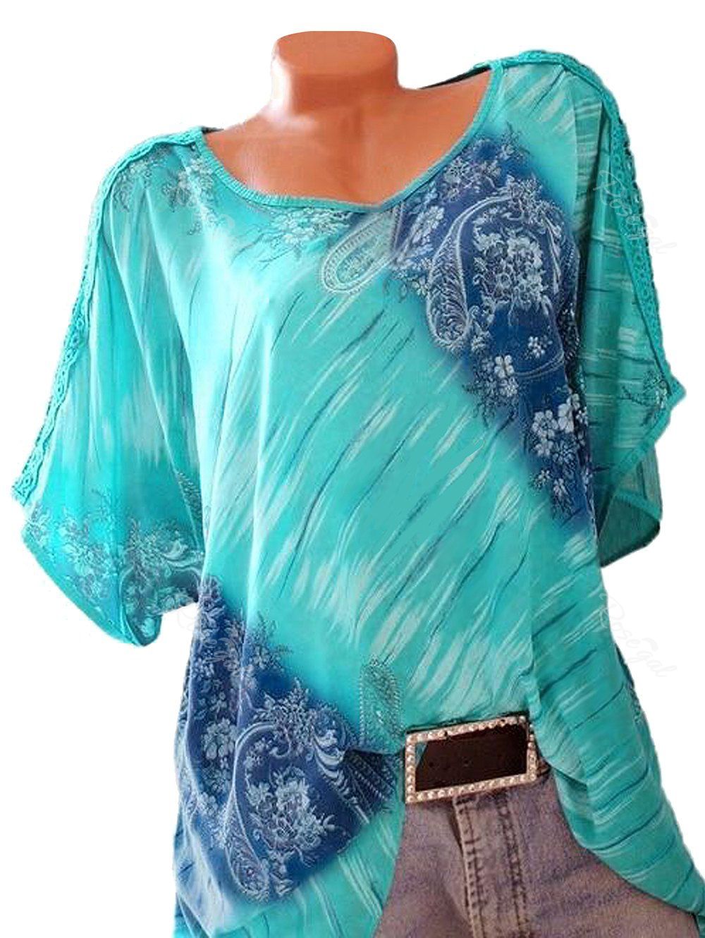 

Crochet Panel Floral Printed Plus Size Blouse, Macaw blue green