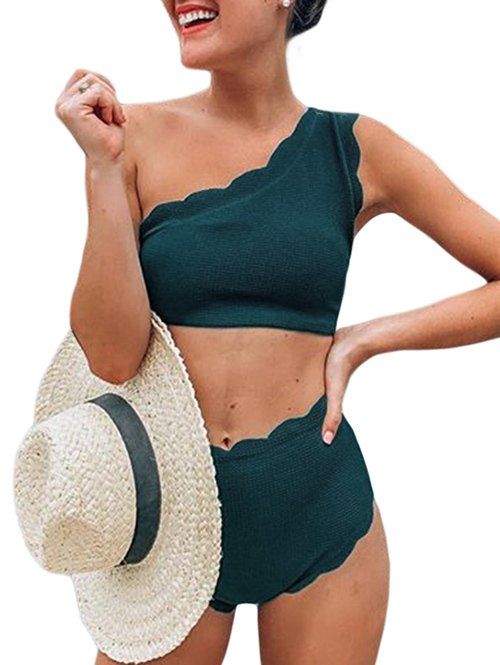

One Shoulder Textured Scalloped Bikini Swimsuit, Peacock blue