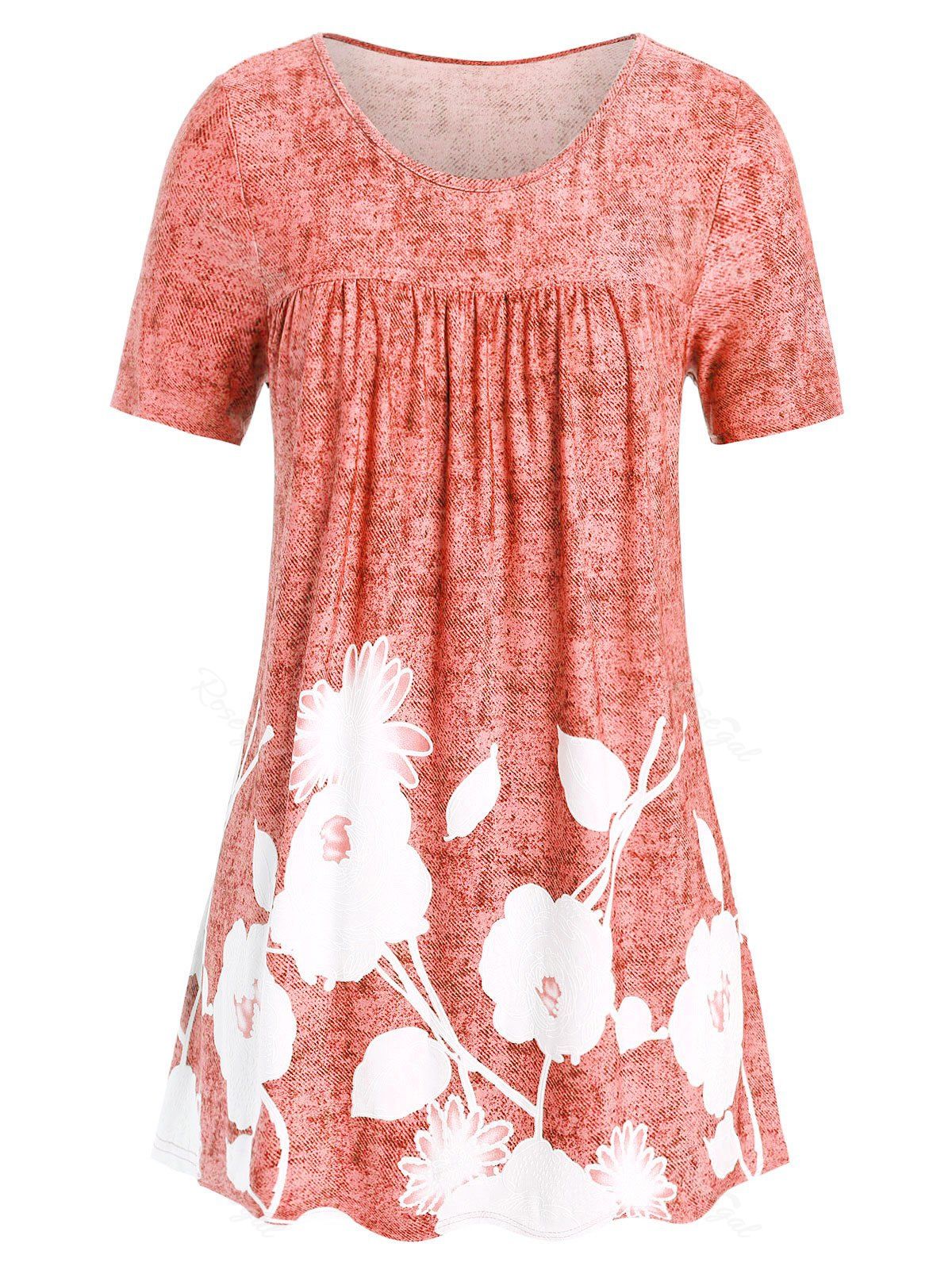 

Plus Size Floral Print Flare T Shirt, Light coral