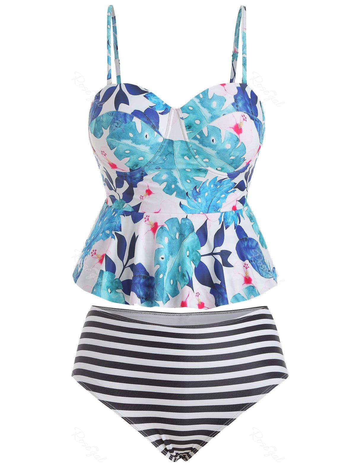 

Plus Size Leaves Print Stripe Tankini Swimsuit, Multi-a
