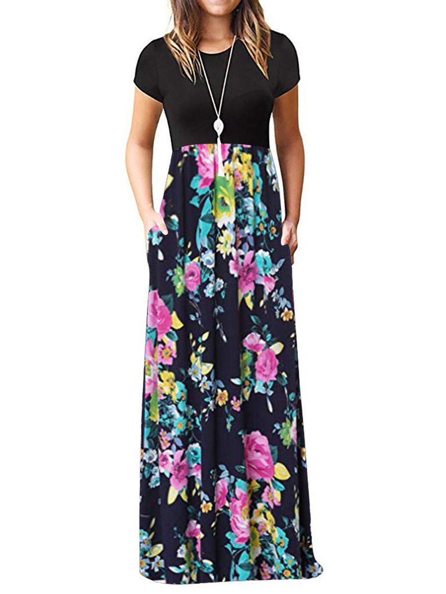 

Floral Pockets Floor Length Dress, Multi-b