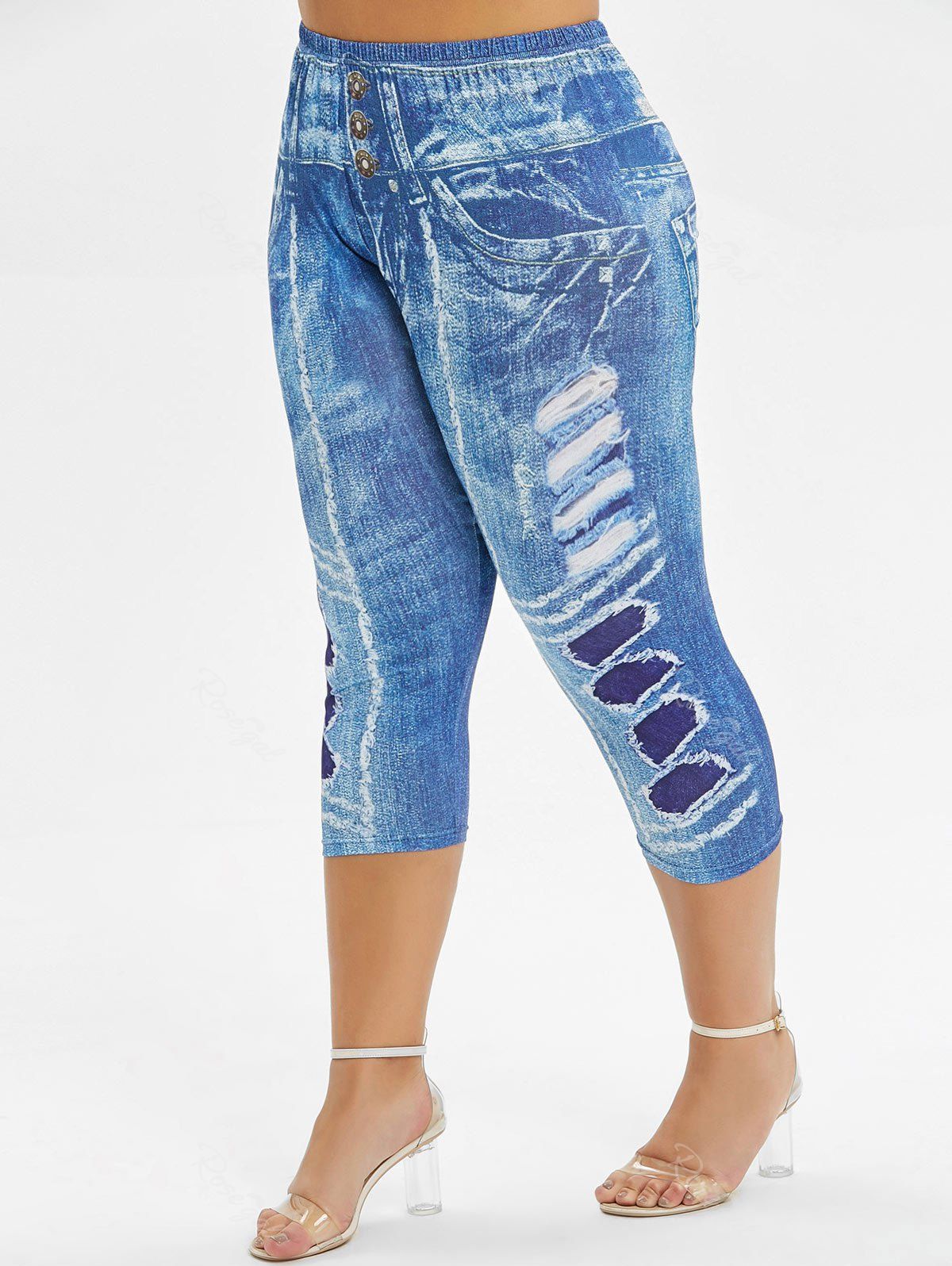 

3D Print Skinny Capri Plus Size Pants, Blue