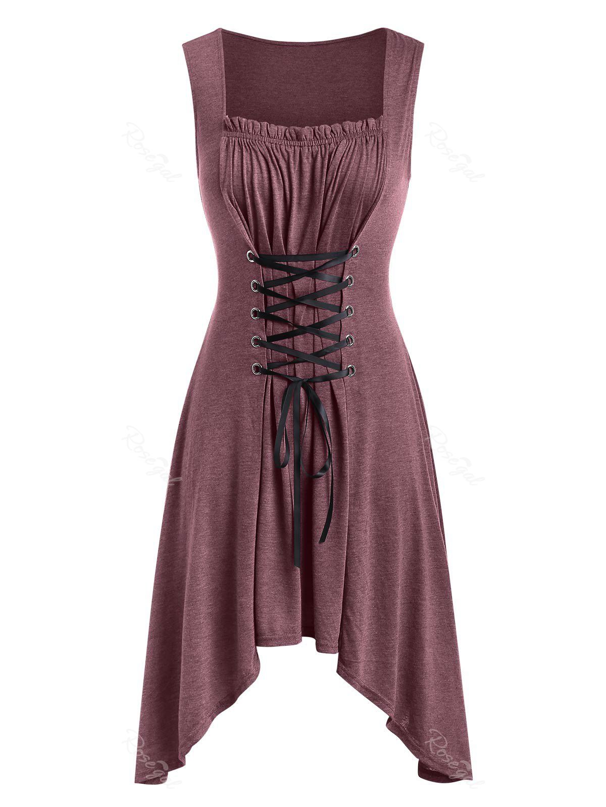

Plus Size Asymmetrical Lace Up Midi Dress, Red wine