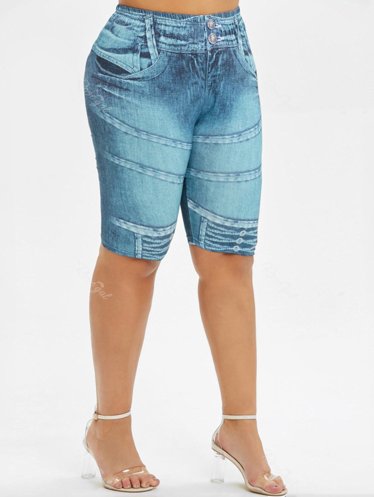 

Skinny 3D Print Knee Length Plus Size Shorts, Greenish blue