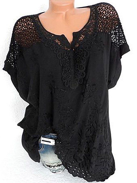 

V Neck Fishnet Panel Broderie Anglaise Blouse, Black