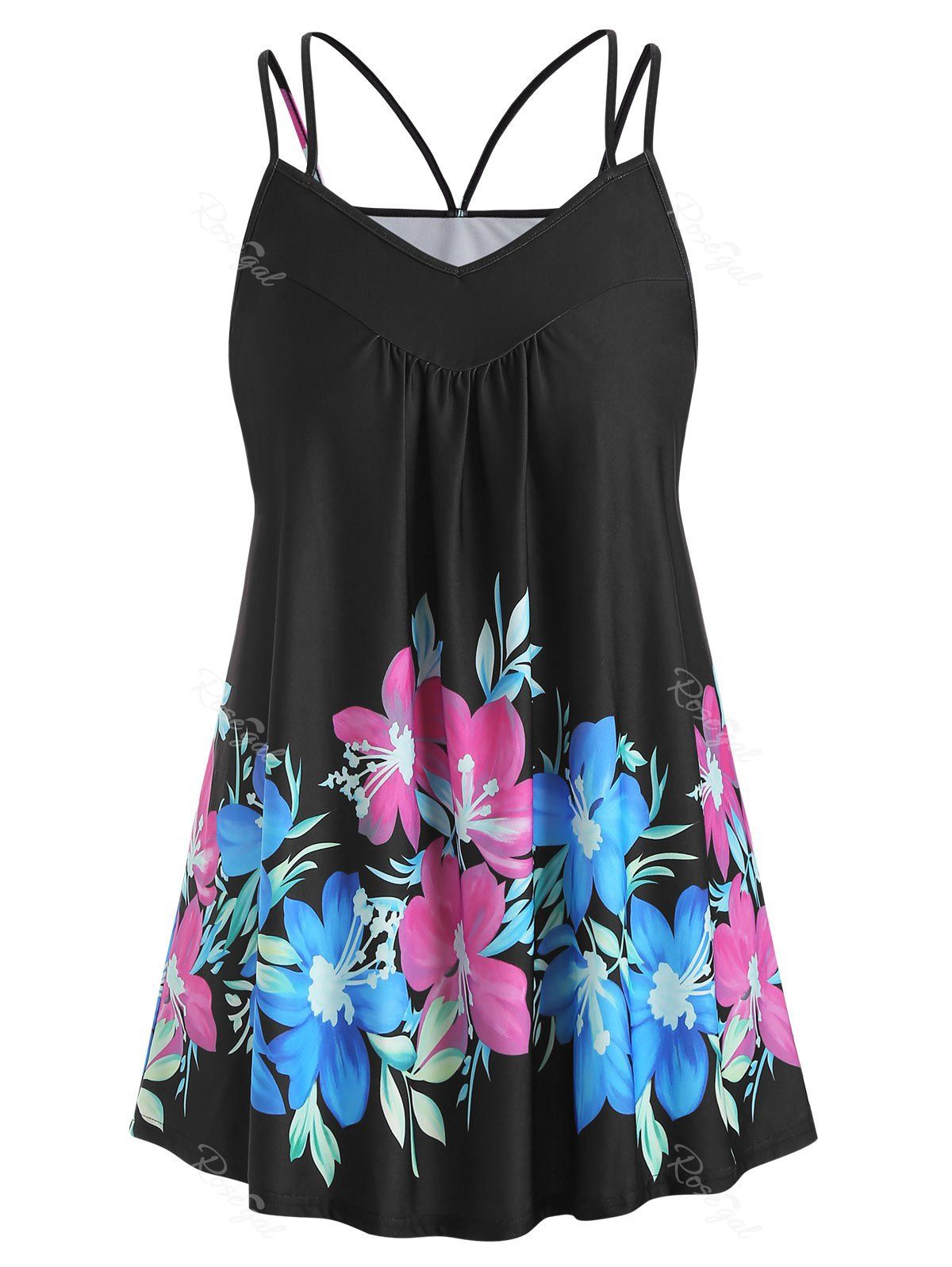 

Plus Size Floral Print Flare Cami Tank Top, Black