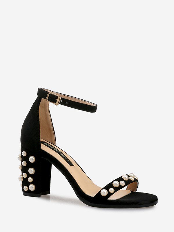 

Pearls on Heel High Heel Buckle Strap Sandals, Black