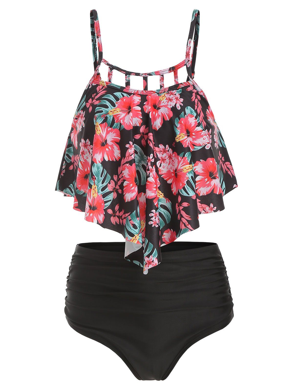 

Floral Print Cut Out Overlay Tankini Set, Black