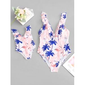 

Ruffles Flamingo Palm Tree Family Plus Size Swimsuit, White