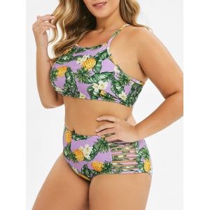 

Plus Size Pineapple Leaf Strappy High Neck Bikini Swimsuit, Tyrian purple