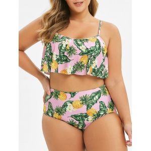 

Plus Size Pineapple Leaf Flounce Reversible Bikini Swimsuit, Flamingo pink