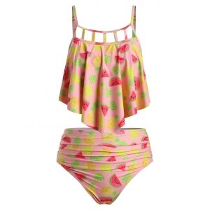 

Plus Size Fruit Print Ruffled Cut Out Tankini Swimwear, Orange pink