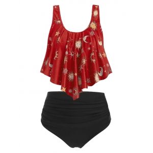 

Sun Stars Moon Flounce High Waisted Tankini Swimsuit, Ruby red