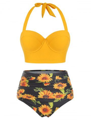 Sunflower Print Underwire Halter Bikini Swimsuit - YELLOW - 3XL