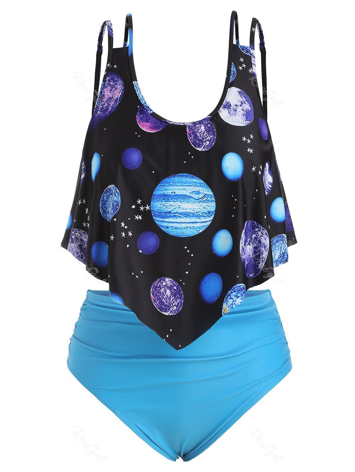 

Contrast Flounces Planet Print Plus Size Tankini Swimsuit, Dodger blue