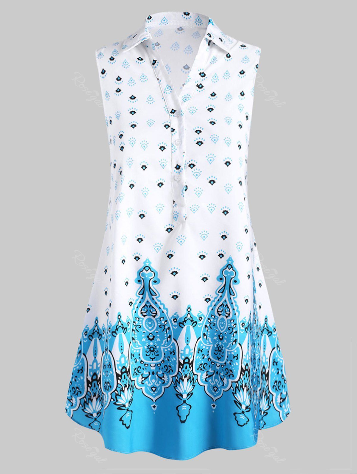

Plus Size Sleeveless Buttons Tribal Print Blouse, Celeste