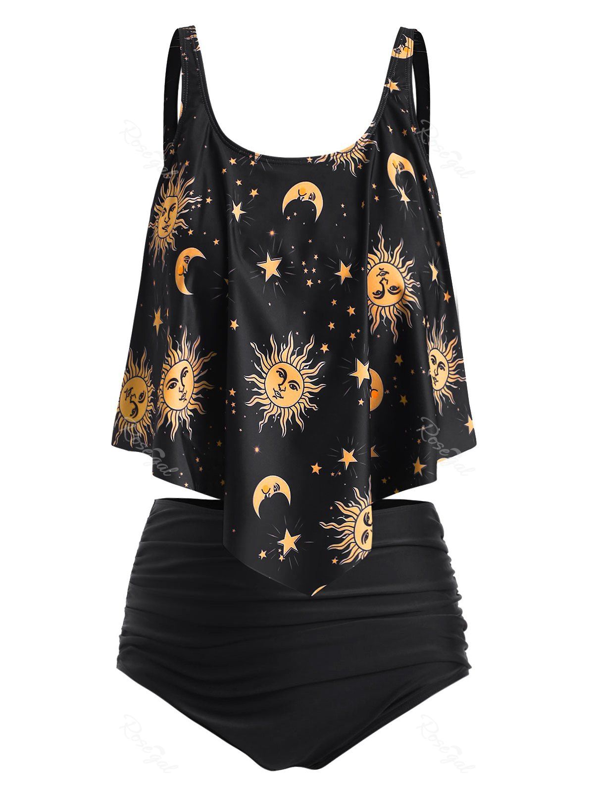 

Plus Size Sun Moons Print Ruffled Tankini Set, Black