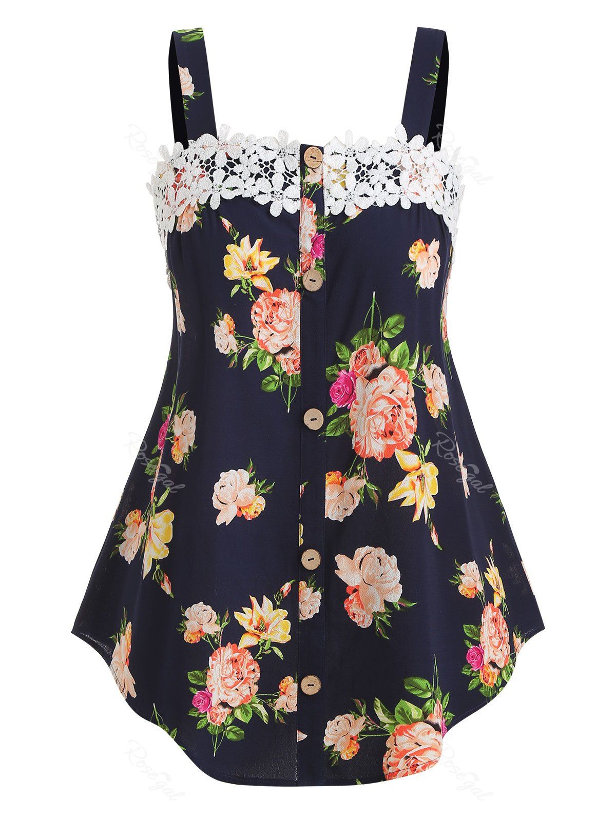 

Plus Size Square Collar Floral Print Tank Top, Dark slate blue