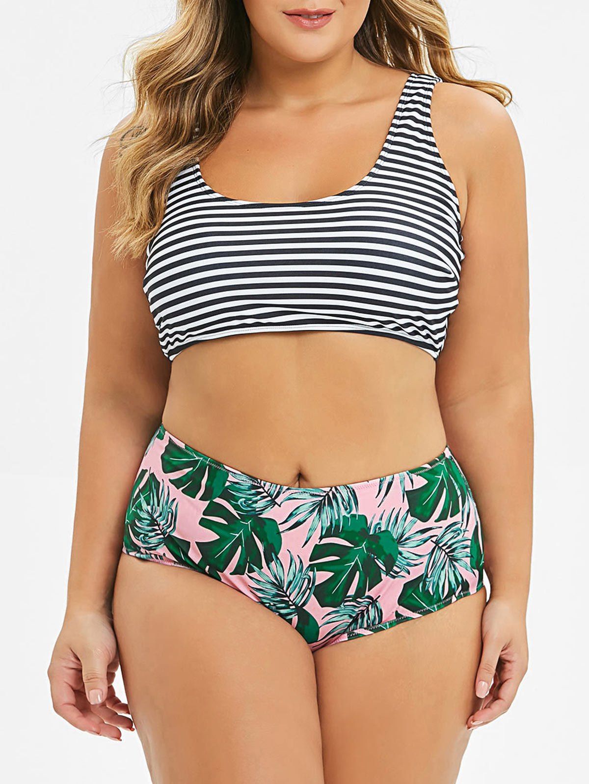 

Plus Size Striped Palm Leaf High Waisted Bikini Swimsuit, Multi