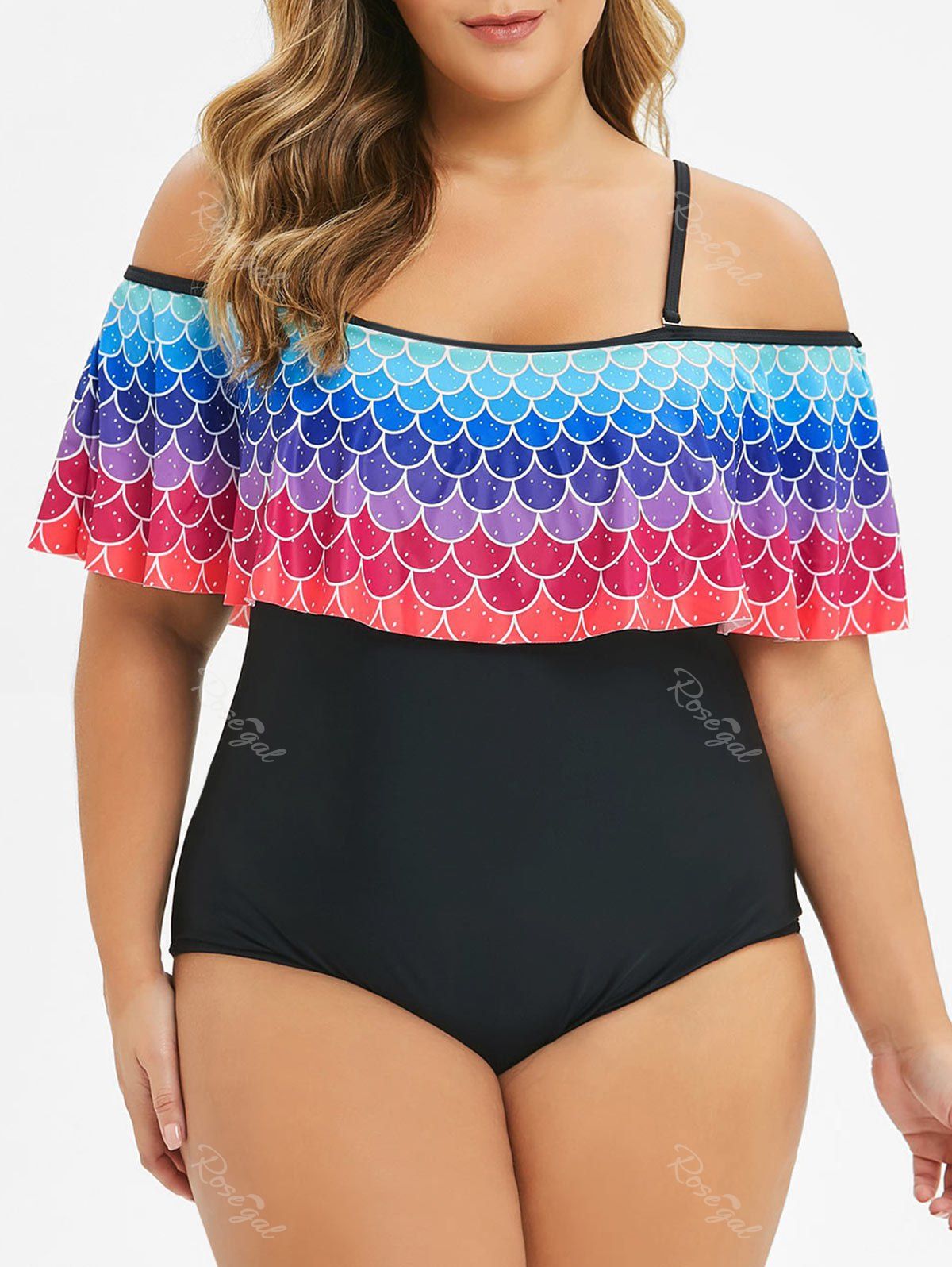 

Plus Size Ombre Mermaid Print Overlay One-piece Swimsuit, Black