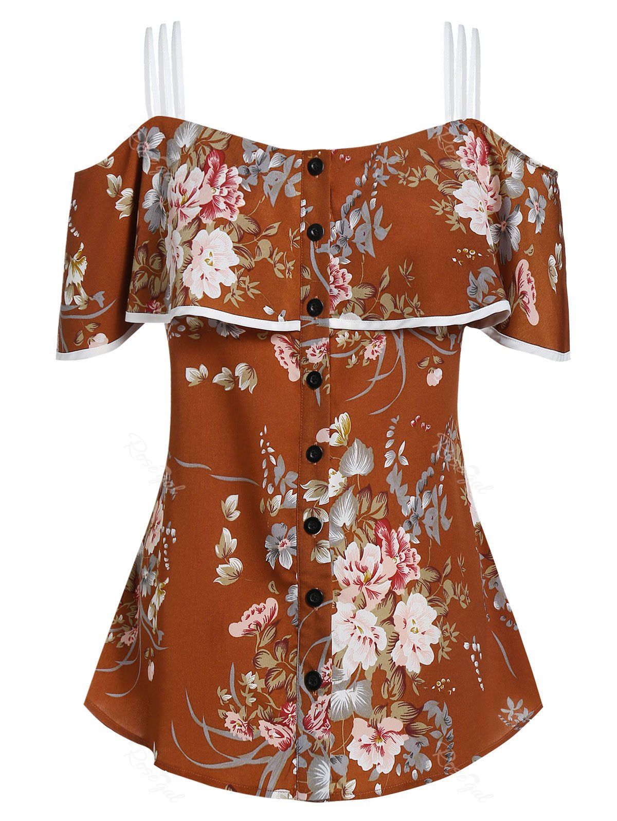 

Plus Size Cold Shoulder Floral Print Blouse, Rust