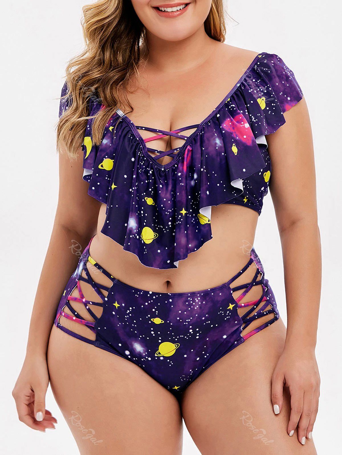 

Ruffles Planet Galaxy Star Moon Print Plus Size Tankini Set, Purple iris