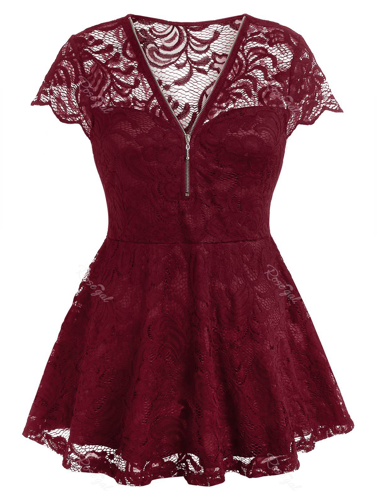 

Plus Size Lace Zip Peplum Tunic Top, Red wine