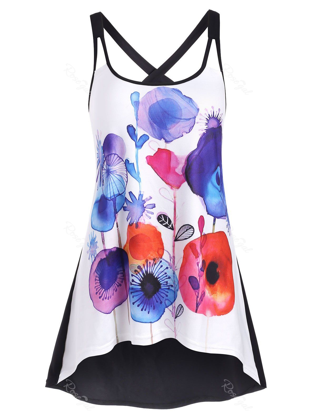 

Plus Size Criss Cross High Low Floral Tank Top, White