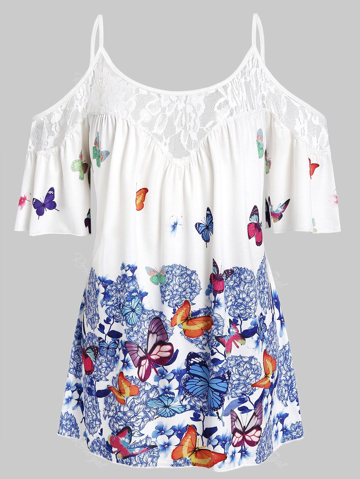 

Plus Size Butterfly Print Cold Shoulder Blouse, Milk white