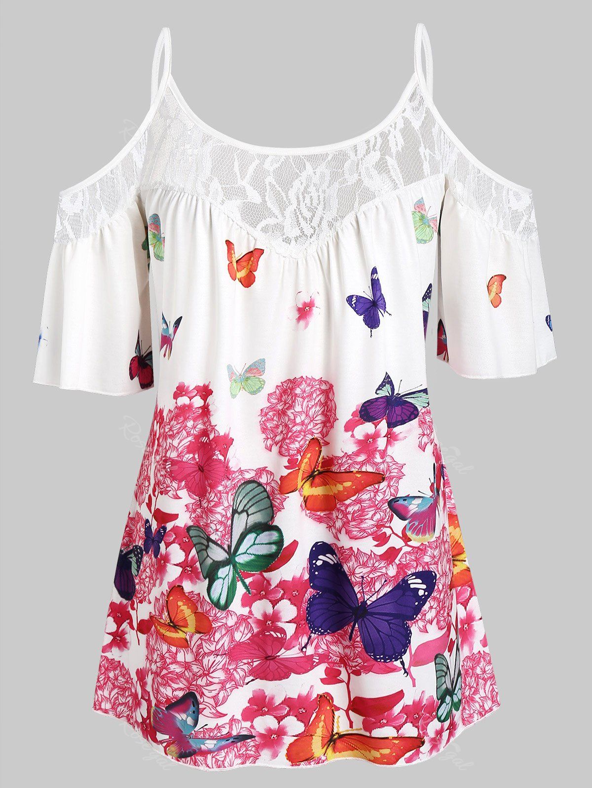 

Plus Size Butterfly Print Cold Shoulder Blouse, Flamingo pink