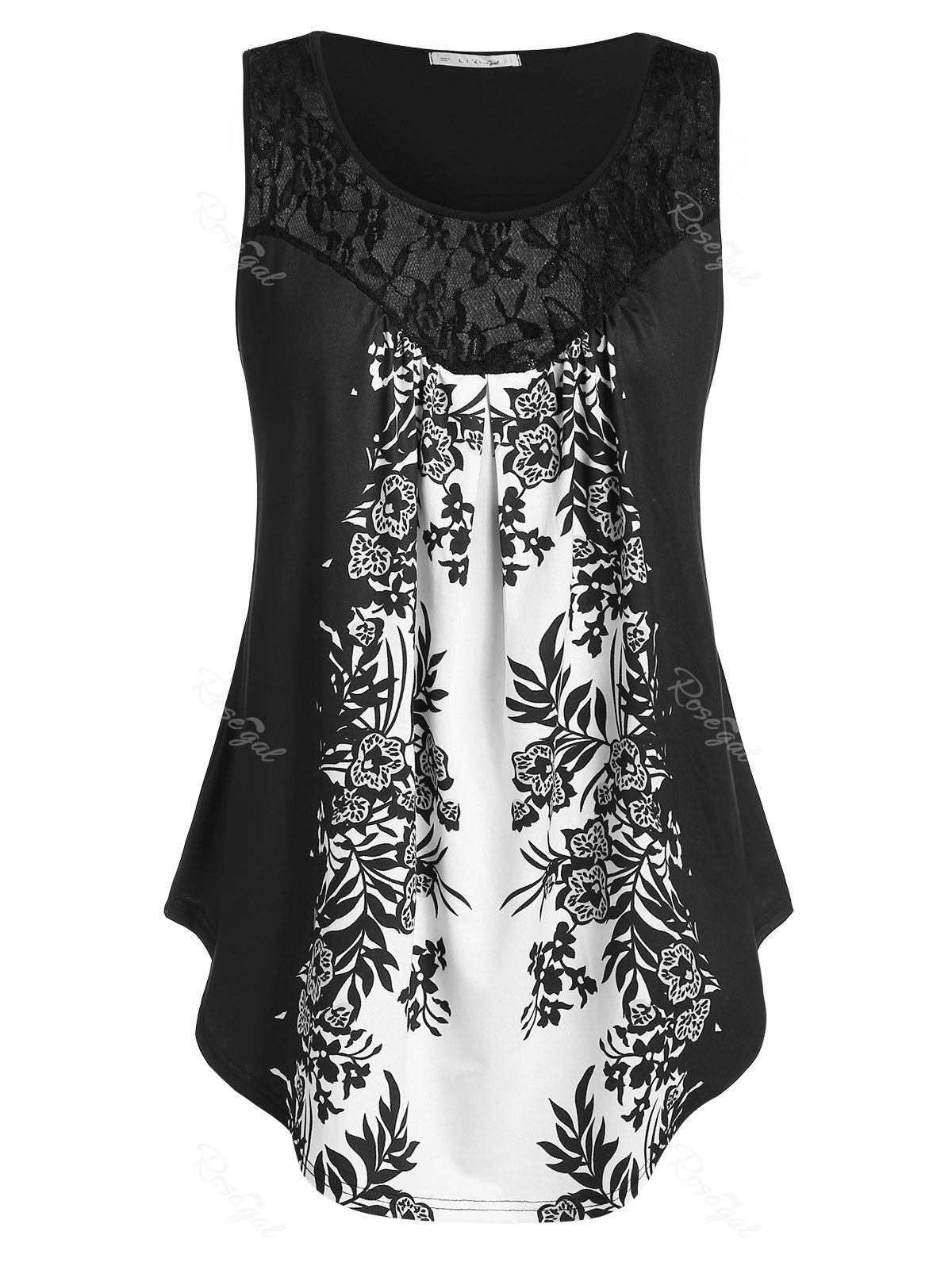 

Plus Size Lace Panel Floral Print Tank Top, Black