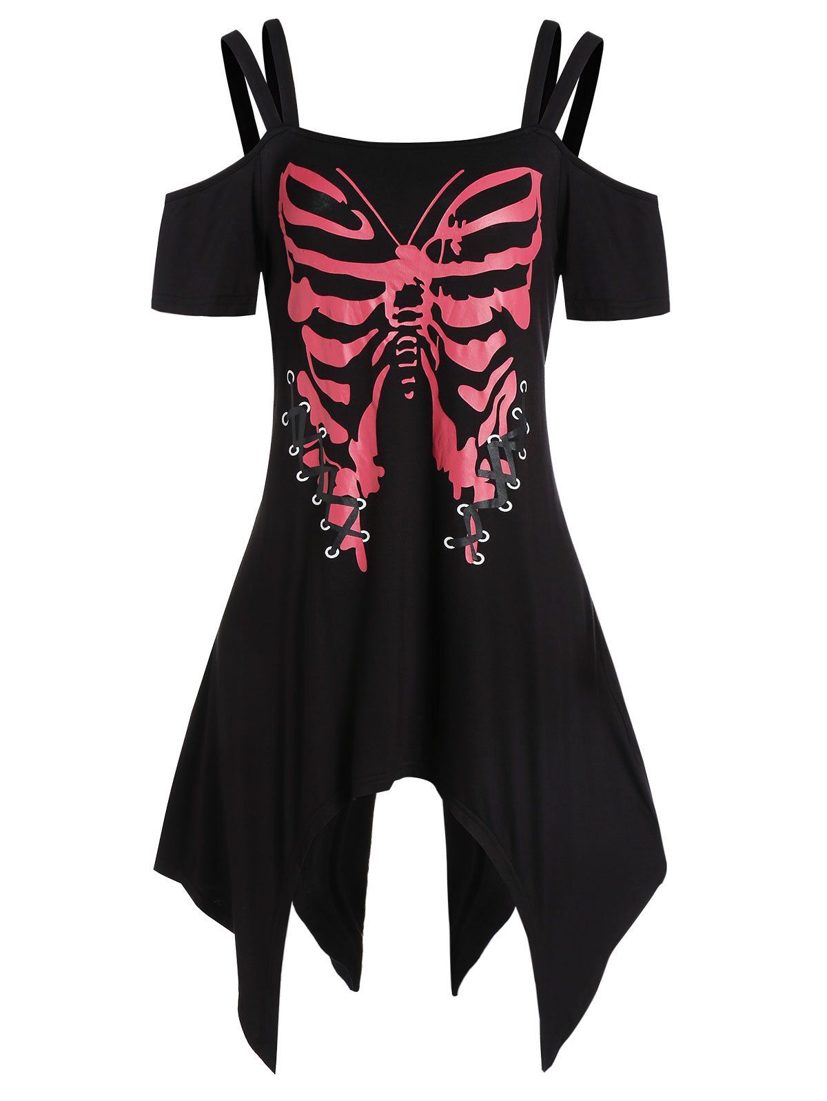 

Open Shoulder Asymmetric Printed T Shirt, Black