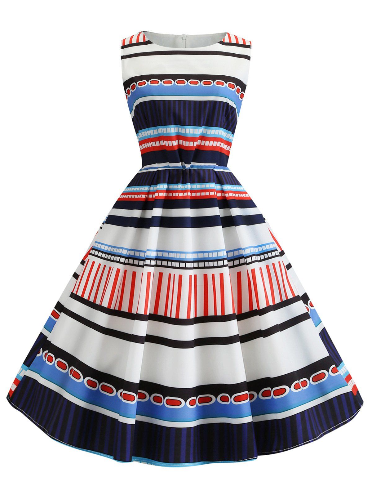 

Vintage Striped Fit and Flare Knee Length Dress, White