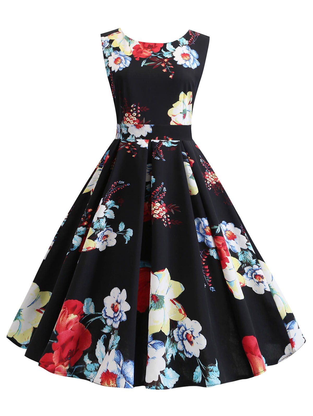 

Flower Print A Line Vintage Belted Dress, Black