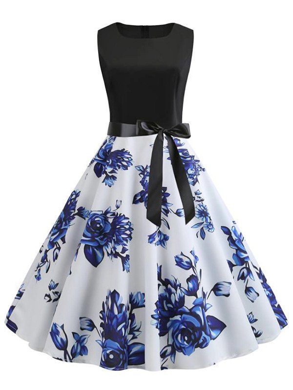 

Flower Print Belted Knee Length Vintage Dress, Blue