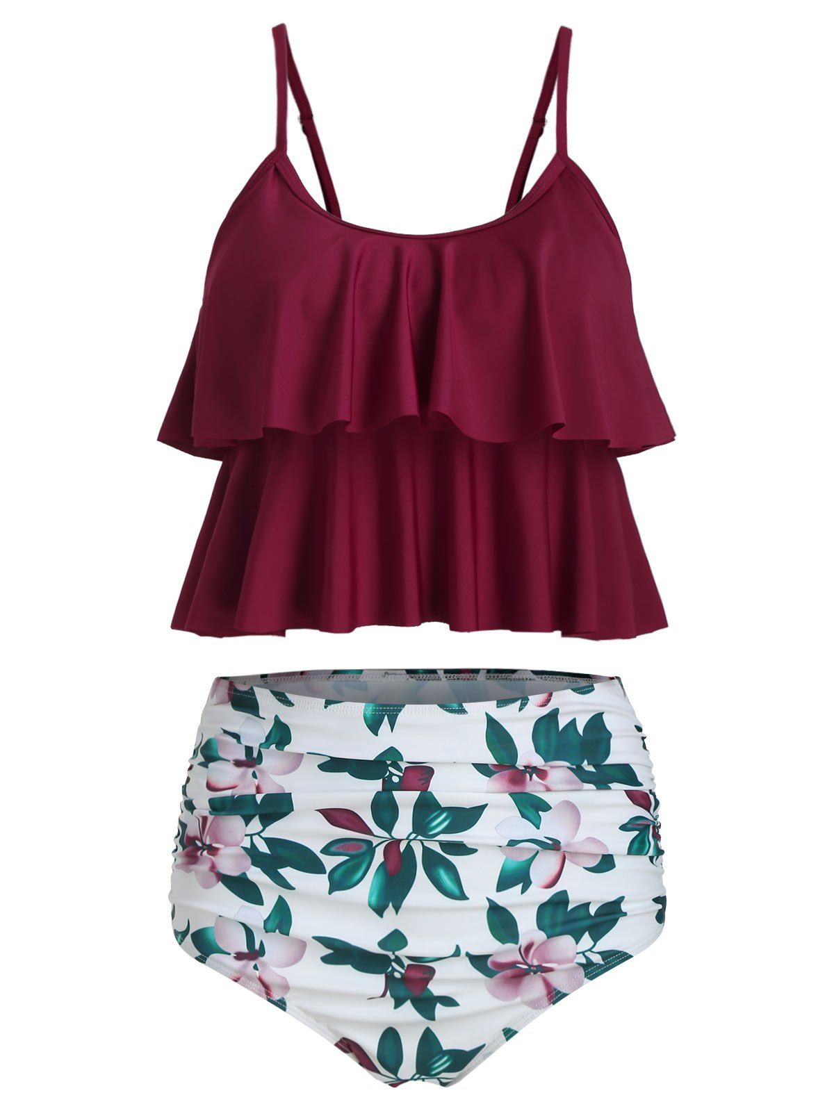 

Floral Print Padded Overlay Tankini Set, Red wine