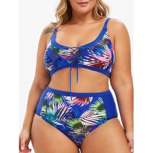 

Plus Size High Rise Lace-up Leaf Print Bikini Swimsuit, Blue